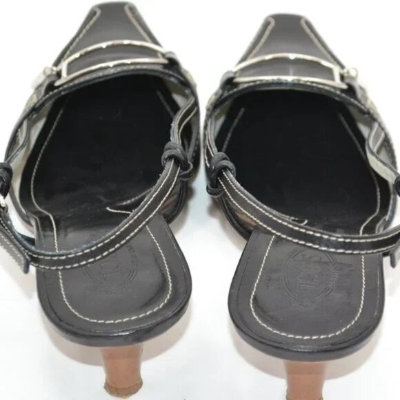 TOD'S Black Structured Minimalist Silver Metal Leather Slingback Kitten Heels 9 - Picture 9 of 15